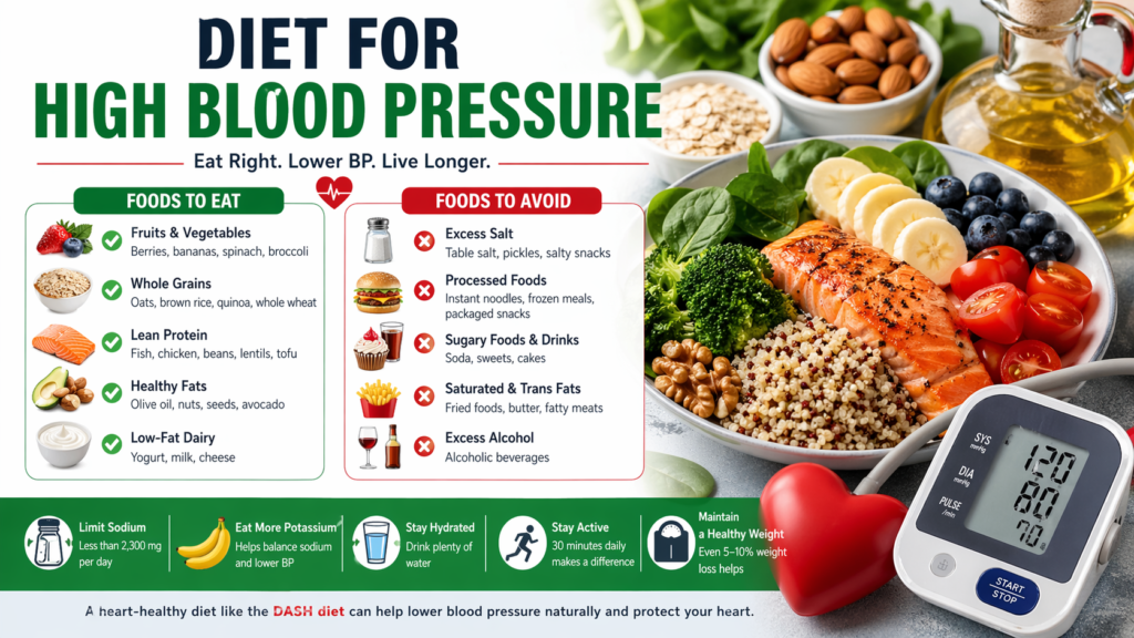 Infographic about a high blood pressure diet showing DASH-friendly foods to eat, foods to avoid, a healthy salmon and vegetable meal, and a blood pressure monitor.