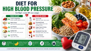 Infographic about a high blood pressure diet showing DASH-friendly foods to eat, foods to avoid, a healthy salmon and vegetable meal, and a blood pressure monitor.